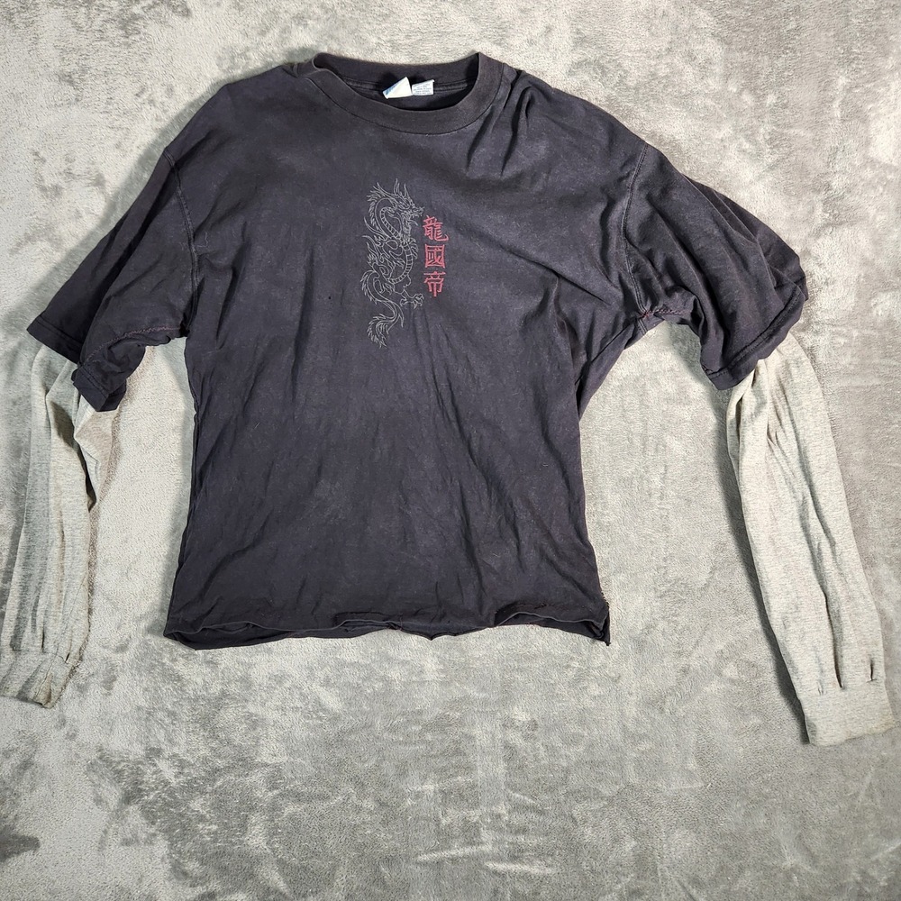Vintage UTILITY‎ Double Layer Dragon Graphic TShirt Mens XXL Gray Long Sleeve